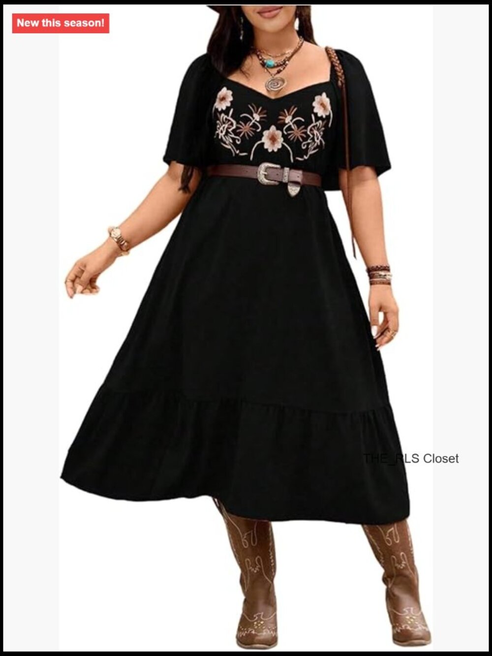Plus Size Western Cowgirl Maxi Dress Floral Embroidered Ruffle Short Sleeve
